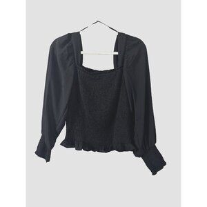 Cbrand Womens M Black Smocked Peasant Blouse Square Neck Puff Sleeve Whimsigoth